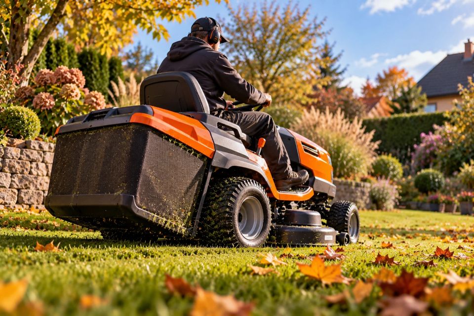 Gartenpflege: Rasenmähen mit Aufsitzmäher im Herbst