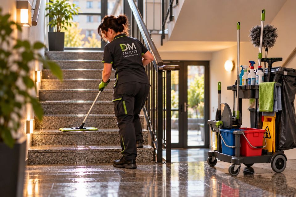 Treppenhausreinigung durch eine DM-Facility-Mitarbeiterin