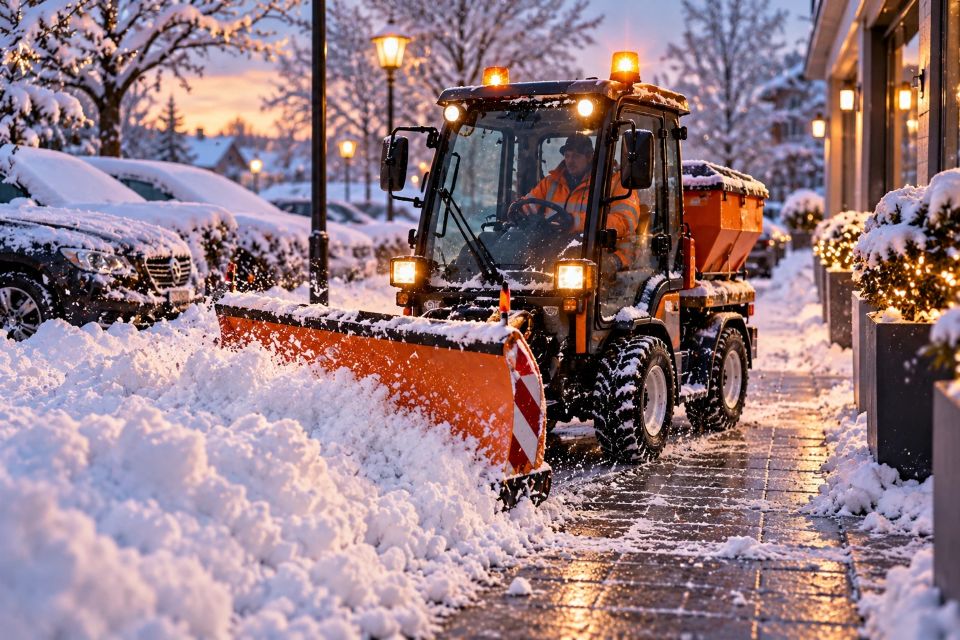 Winterdienst: Räumfahrzeug schiebt Schnee von einem Gehweg